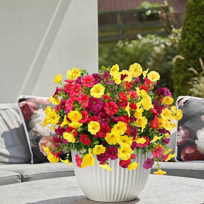 2 Bundles Artificial Flowers for Outdoors with Ground Spikes,21.65 Inch Morning Glory Eucalyptus Topiary Ball Trees, UV Resistant Faux Shrubs Fake Plants for Porch Outdoor Garden Decor (Muti-Color)