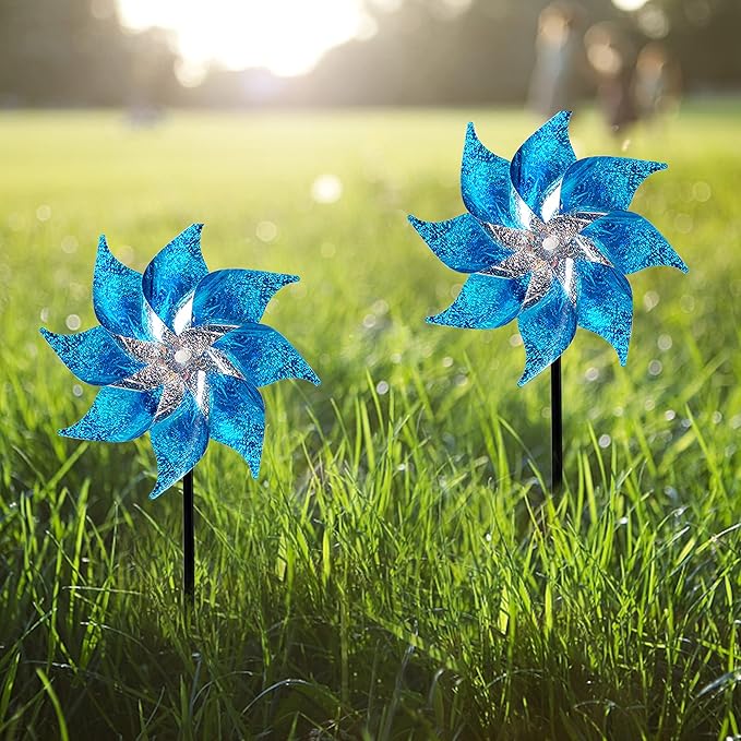 Hausse 10 Pack Reflective Pinwheels with Stakes, Extra Sparkly Pin Wheel for Garden Decor, Bird Repellent Devices Deterrent to Scare Birds Away from Yard Patio Farm, Blue