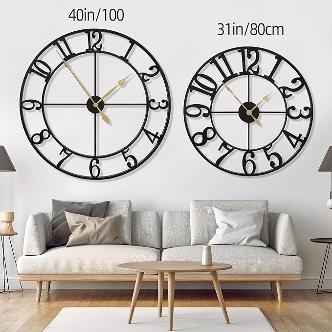 LEIKE 31 Inch Extra Large Wall Clock, Retro Decorative Oversized Silent Little Ticking Battery Operated,Black Metal Arabic Numerals Wall Clocks for Living Room,Office,Entrance Farmhouse Decor