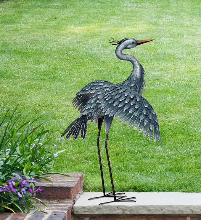 Regal Art & Gift Outdoor Garden Décor, Unique Bird Sculpture, Rustic Metal Bird Statues, Garden Ornaments, Bird Figurine for Lawn, Decorative Sculpture, Heron, Blue, Wings Down, 41"height