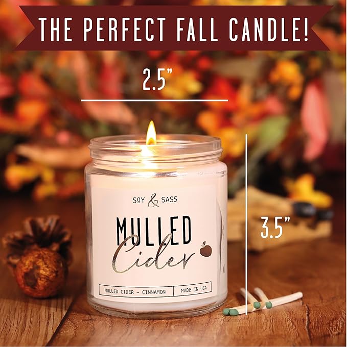 Mulled Cider Candle, Fall Candles I Apple Cider Candle w/Cinnamon & Nutmeg - Infused w/Essential Oils I Mulled Cider Fall Scented Candles (Soy) for Home I 9oz Reusable Jar I 50Hr Burn I Made in USA