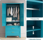 71'' Farmhouse Metal Wardrobe Cabinet with Hanging Rod, 2 Barn Door Wardrobe Closet with Adjustable Shelves,2 Drawer,for Dining Room,Bedroom,Living Room, Cloak Room,Office (Peacock Blue)