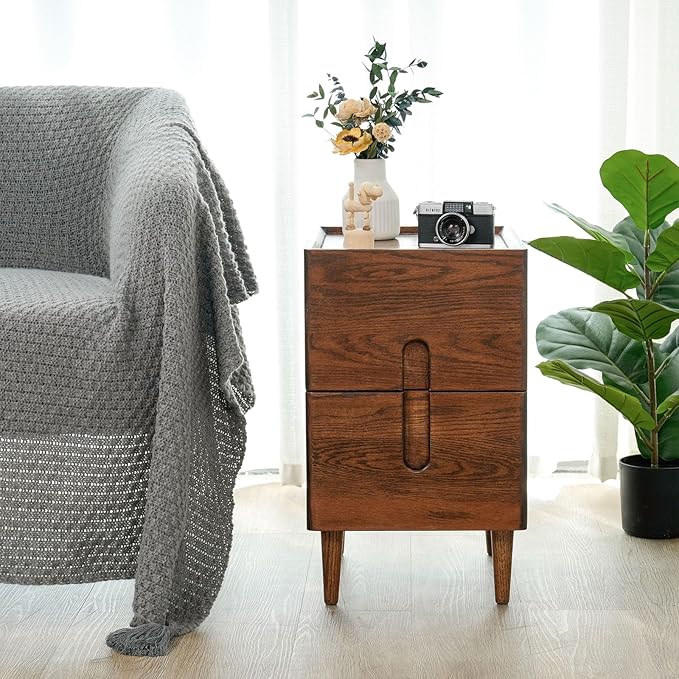 Narrow Nightstand, Mid Century Modern Nightstand, Solid Wood Bedside Table, Side Table witn Drawers (Walnut, 11.81inches)