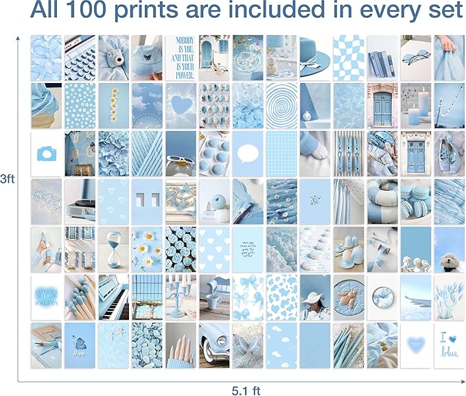 Y2K BOO Baby Blue Wall Collage Kit - 100 Aesthetic Light Blue Posters for Teen Girl Room Decor, 4"x6" Minimalist Prints for Dorms, Bedrooms & College Apartment Wall Art