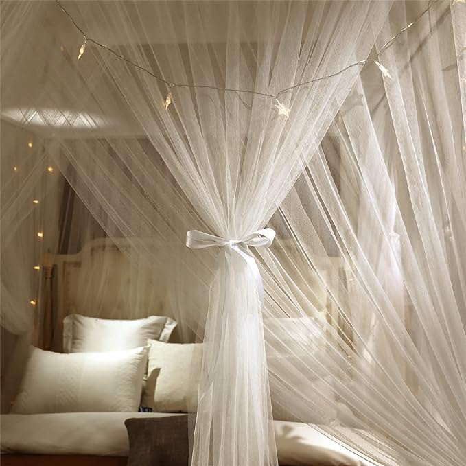 VETHIN 4 Corners Post Princess Bed Canopy Curtain Double Layer Cozy Drape Netting 4 Opening Mosquito Net for Girls & Adults Bedroom Decoration Accessories (Double White, 64" W*82" L*82"*H/(Queen))