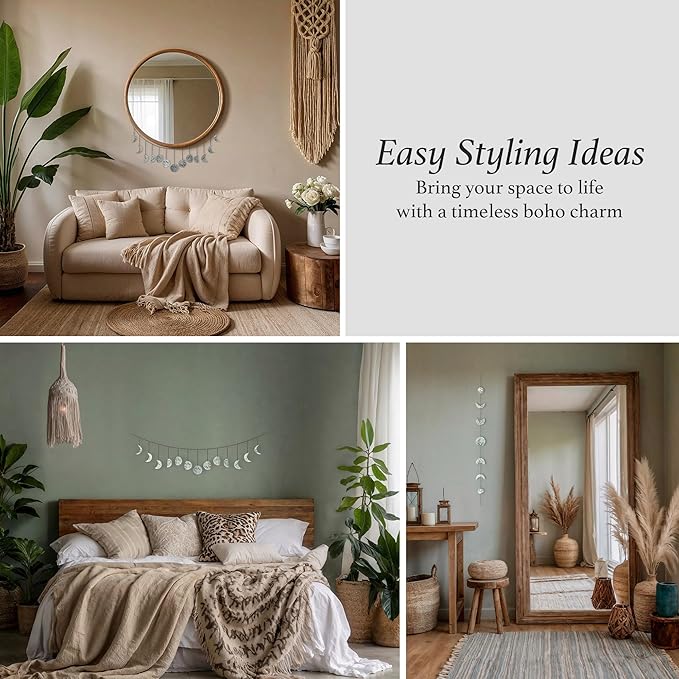 BASE ROOTS Moon Phase, White Gray Wall Decor for Bedroom & Living Room, Bohemian Wall Decor, Handmade Hammered Metal 34" 7 Phases Moon, Celestial Wall Art, Gift for Women & Kids