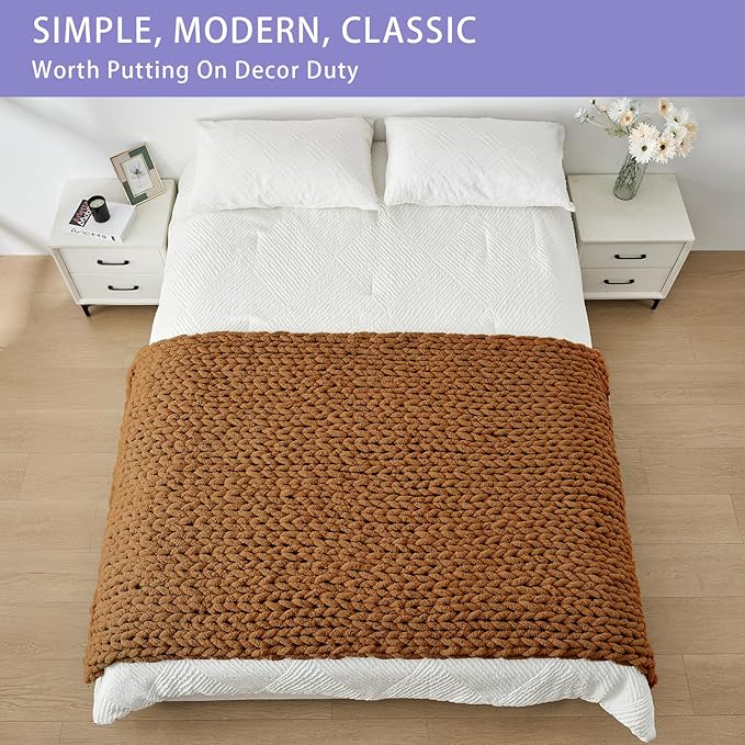 Bigacogo Chunky Knit Throw Blanket for Couch, 40x80 inches, 100% Hand Knitted with Thick Jumbo Chenille Yarn, Cozy Soft Large Rope Knot Cable Crochet Blankets for Sofa Bed Living Room, Caramel