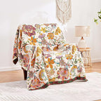 Boho Throw Blanket, 100% Cotton Ultra Soft Luxury Throw Rustic Quilt, 80"x90" Floral Printed Farmhouse Decor Bed Summer Blankets, All Season Rustic Reversible Bohemian Throw for Bed - White
