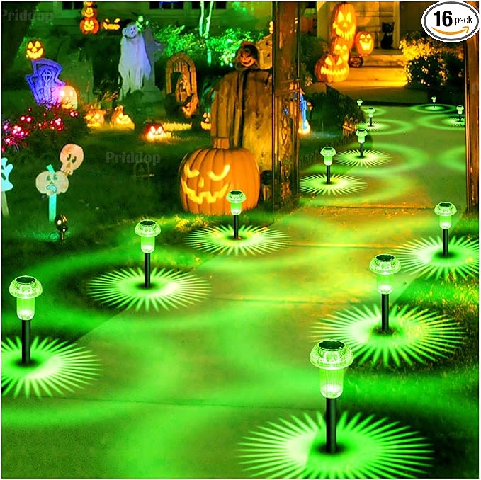 Halloween Solar Lights Outdoor 16 Pack Green LED Waterproof Mushroom Outside Lights for Yard Garden Patio Pathway Walkway Landscape Halloween Decorations