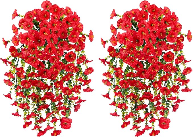 Ivydale 2 PCS Artificial Hanging Flowers Fake Plants Outdoor,Silk Morning Glory Faux Flowers with Eucalyptus Leaves,UV Resistant Realistic Hanging Petunias Plants for Home Garden Decor (Red)