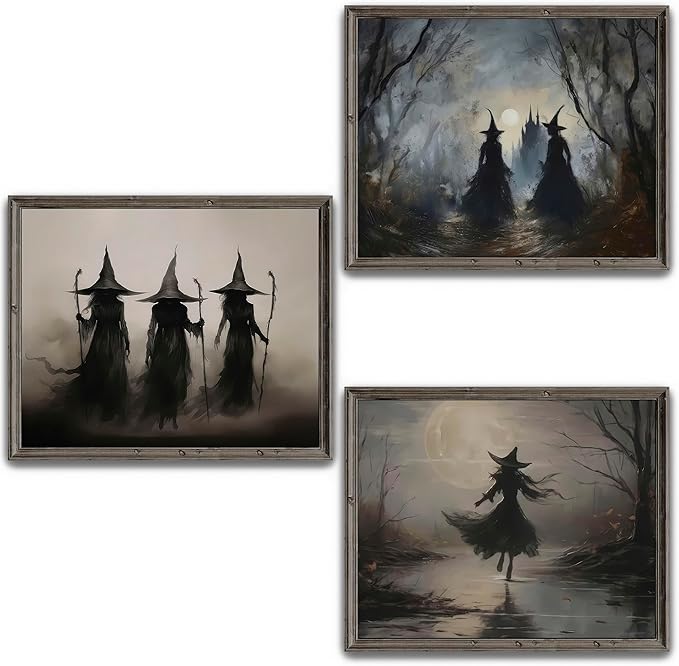LANCHI95 3 Pcs 8x10in Vintage Rustic Witch Posters Halloween Wall Art Witch in The Forest Painting Prints Goth Dark Moody Wall Decor for Living Room Bedroom 8x10 in (UNFRAMED)