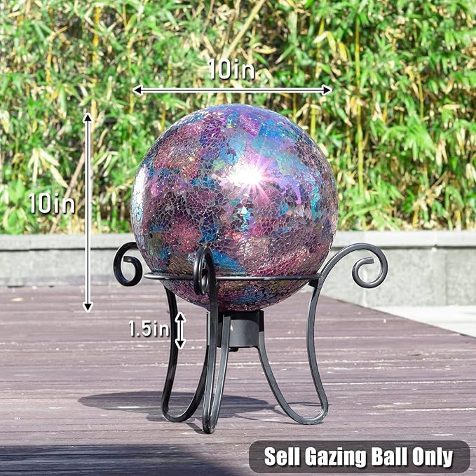 VCUTEKA Gazing Ball, Iridescent Crackled Glass Mosaic Gazing Balls Sphere for Garden Lawn Outdoor Ornament Yard Decorative, 10-Inch, Purple