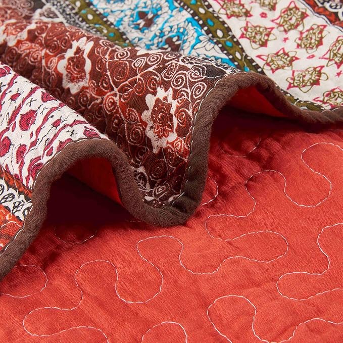 Cozyholy Boho Quilt Full Queen Size 100% Cotton Quilted Blanket Colorful Bohemian Striped Bedspread Coverlet Reversible Lightweight Stitch Vintage Bed Cover Throw Blanket for Couch Sofa Orange