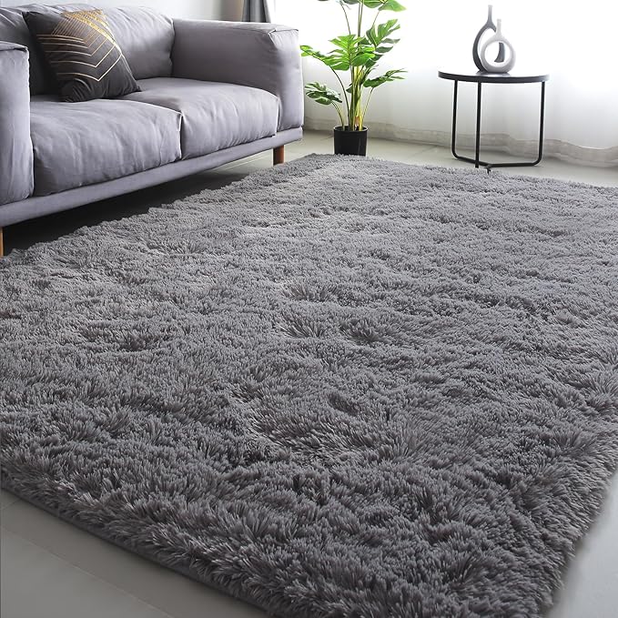 Gray Shag Area Rugs 8x10 - Large Grey Plush Rug for Living Room Bedroom - Modern Soft Fuzzy Gray Indoor Floor Carpet for Boys Kids Playroom(Sliver Dark Grey)