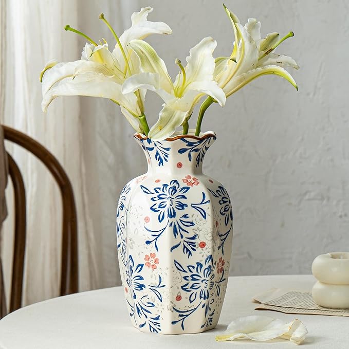 9.5 Inch Vintage Ceramic Vase, Chinoiserie Flower Vases Decorative Antique Vases for Home Decor, Rustic Blue and Pink Porcelain Vase Farmhouse Shelf Table Centerpieces Decor