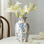 9.5 Inch Vintage Ceramic Vase, Chinoiserie Flower Vases Decorative Antique Vases for Home Decor, Rustic Blue and Pink Porcelain Vase Farmhouse Shelf Table Centerpieces Decor