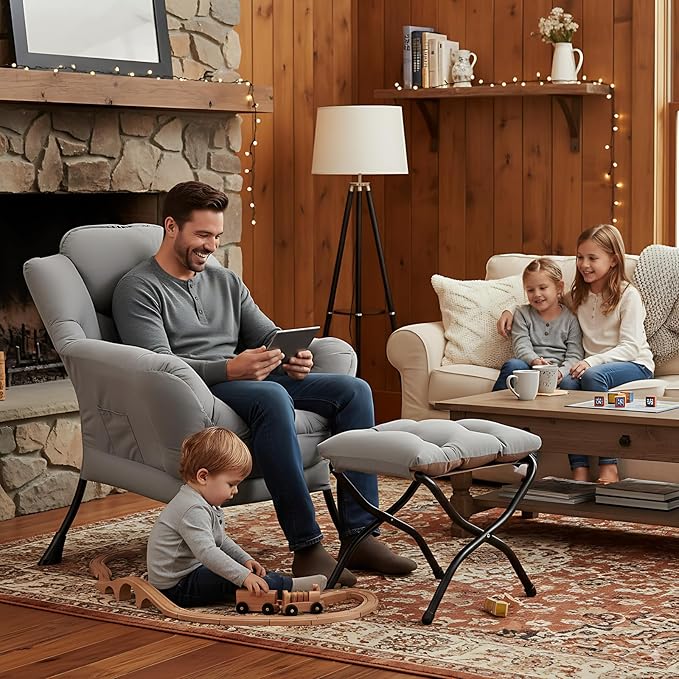 Cozy Lazy Chair and Ottoman, Large Contemporary Accent Lounge Chair Set, Leisure Upholstered Reading Armchair for Bedroom, Living Room, Dorm Rooms, Office