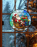 Stained Glass Window Hanging - Santa Claus Gift BoxSuncatcher for Doors Home Christmas Decoration Winter Sun Catcher Thanksgiving New Year Birthday Gift for Women Men Mom Nana 7.8 in