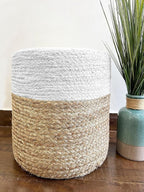 Jute Pouf Ottoman | Footrest Pouf | Hand Braided - Round Boho Pouffe - for Living Room, Bedroom, Nursery (16"x16"x16") Ivory