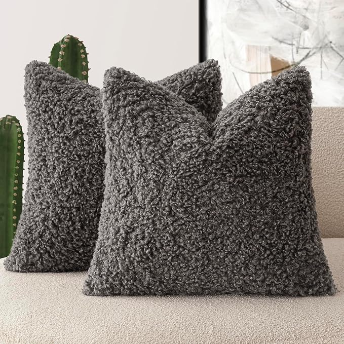 Foindtower 2 Pieces 24x24 Inch Dark Gray, Faux Fur Throw Pillow Cover Accent Sherpa Furry Pillow Covers Fuzzy Soft Pillowcases Cozy Sheepskin Decorative Fleece Cushion Case for Bed Couch Living Room