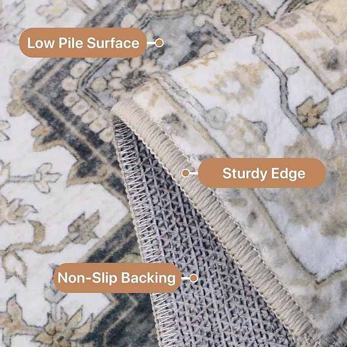 GENIMO 9x12 Area Rugs for Living Room, Non Slip Machine Washable Vintage Rugs, Low Pile Lightweight Chenille Print Large Rug for Bedroom, Dining Room, Home Office, Heathered Grey