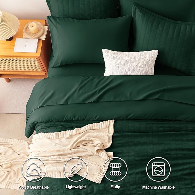 CozyLux King Size Comforter Set Emerald Green Seersucker 7 Pieces Bed in a Bag King Comforter Set with Sheets, Luxury Soft Bedding Set with Down Alternative Comforter, Sheets, Pillowcases & Shams