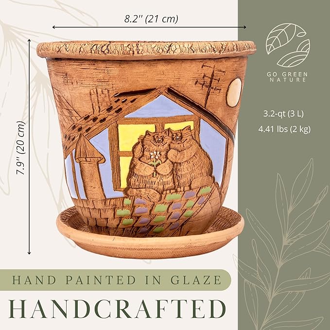 Ceramic Pot with Drainage Hole and Saucer, Plant Pots, Modern Decorative Planters for House Plants Indoor Flowers Plants, Cute Flower Pot - Gifts (Cats (3 L))