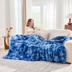 Lotus Karen Faux Fur Throw Blanket Tie-Dye Blue - Big Bubble Rabbit Fluff Blanket for Couch, Large Fluffy Fuzzy Cozy Blanket,Thick Furry Plush Shaggy Blankets,90x90 Inches