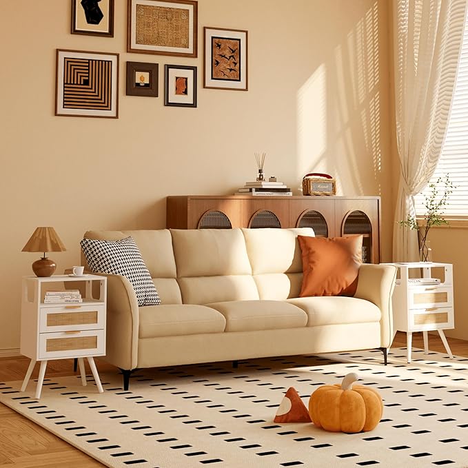 Rattan Nightstand,Farmhouse Bedside Table with 2 Storage Drawer and Open Wood Shelf, for Bedroom and Small Spaces,Night Stand with Solid Wood Legs (White)