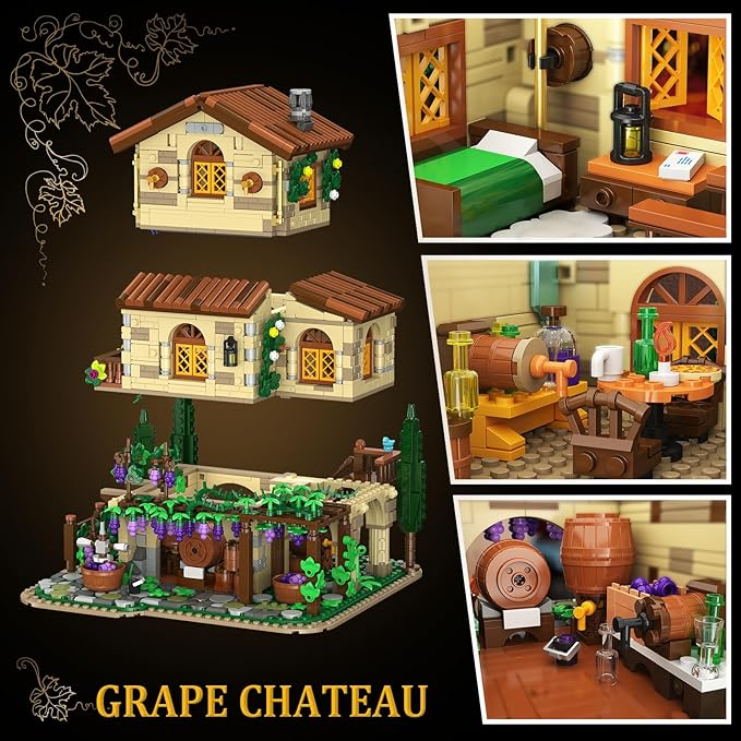 Winery Chateau House Building Set with Lights, Vineyard Castle Construction Model Home Decor, 1826 PCS Vine Estate Autumn Cabin Building Block Kit, Birthday Gift for Adults Teens Boys Girls