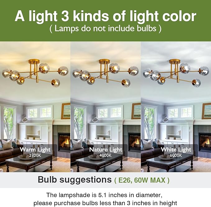 SZXYKEJI 6-Lights Glass Globe Chandelier Modern Flush Mount Ceiling Light Fixture Gold Farmhouse Lighting for Dining Room Living Room Bedroom Kitchen Passageway.