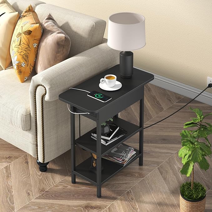 LIDYUK End Table with Charging Station, Flip Top Side Table with USB Ports and Outlets, Nightstand for Small Spaces, Bedside Tables with Storage Shelf for Living Room, Bedroom, Black