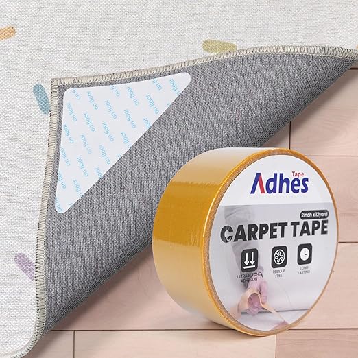 Adhes Double-Sided Carpet Tape, 2 Inch x 12 Yard Rug Tape with 8 Anti-Skid Pads, Heavy Duty Carpet Grip Tape for Hardwood Floors, Area Rugs, and Tile