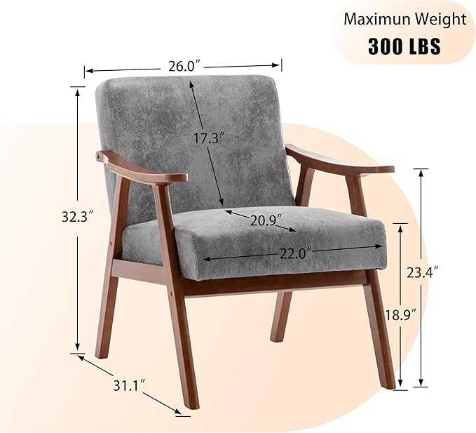 Furnimart Grey Accent Chair, Mid Century Modern Living Room Chair with Wood Frame, Comfy Armchair Wingback Chair for Office Study Vanity Bedroom Waiting Room