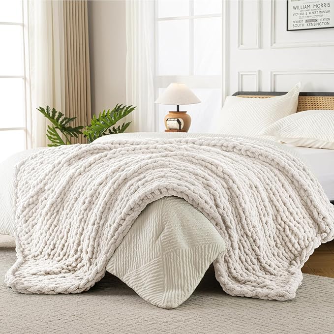 Ultra Soft Chunky Knit Blanket Throw -50x60 Hand Knitted Warm Chenille Throw Blanket, Home Decor Soft Thick Yarn Cable Knit Blanket Breathable Fleece Banket Christmas for Couch Bed Sofa Best GIF Gift