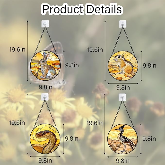 Stained Glass Window Hanging 4 Pcs Set Animals 9.8" - Desert Landscape Yellow Suncatcher Door Garden Sun Catcher Decor Birthday Christmas for Mom Woman Nana Men
