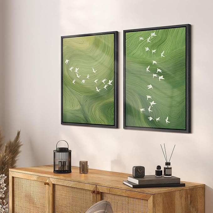 SIGNFORD Framed Canvas Print Wall Art Set Green Swirl Abstract White Birds Illustration Modern Art Decorative Nordic Nature for Living Room, Bedroom, Office - 24"x36"x2 Black