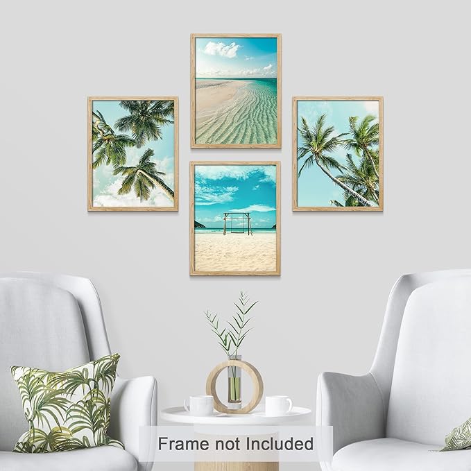 SIGNWIN Poster Bathroom Decor 8"x10"x 4, Wall Art Room Decor Multicolor for Living Room, Bedroom, Office White Topical Teal Sky Palm Tree Beach Ocean Seaside Nature Wilderness Realism Landscape