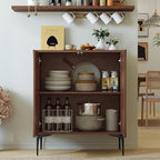 3More 2 Door Accent Cabinet Set of 2,Sideboard Buffet Storage Cabinet with Iron Legs and Adjustable Shelf,3D Lattice Design Suitable for Living Room, Entrance, Dining Room,Walnut