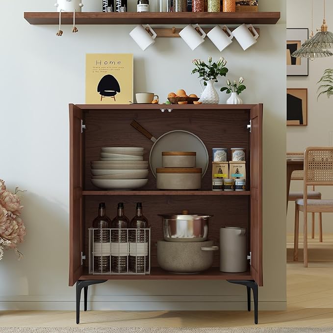 3More 2 Door Accent Cabinet Set of 2,Sideboard Buffet Storage Cabinet with Iron Legs and Adjustable Shelf,3D Lattice Design Suitable for Living Room, Entrance, Dining Room,Walnut