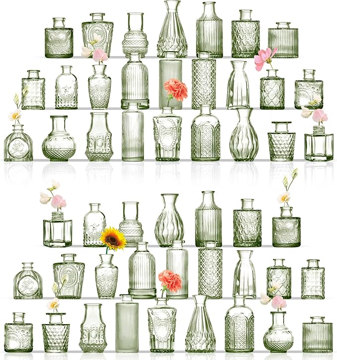 Bud Vases in Bulk 50, Glass Vases for Centerpieces, Small Vases for Flowers, Small Flower Vase for Centerpieces, Mini Vintage Vase, Green Bud Vases for Wedding Table Decor