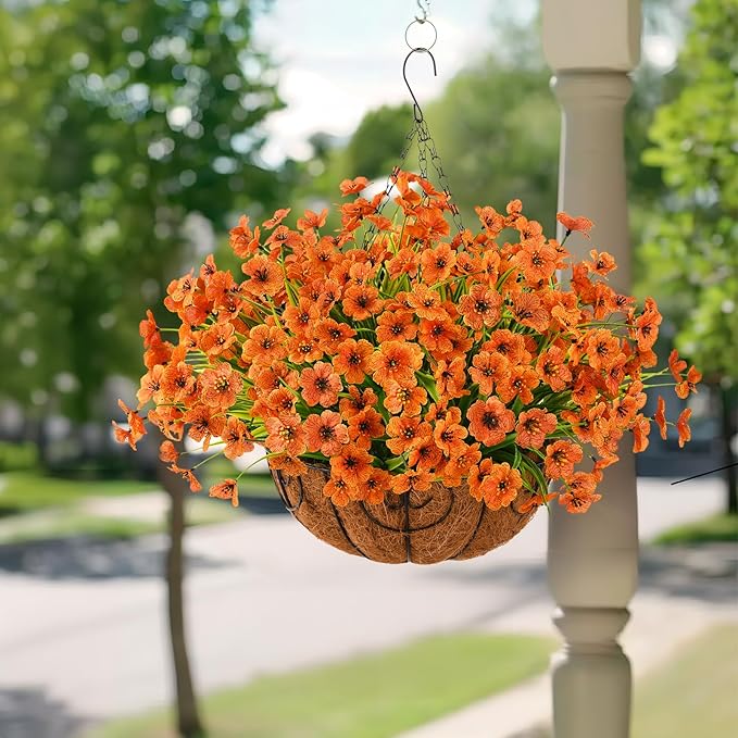 Artificial Fake Plants Flowers for Outdoor Outside Fall Decoration,12 Bundles Faux Silk Orange Daisy in Planter UV Resistant Look Real for Home Front Door Porch Patio Garden Balcony Autumn Decor