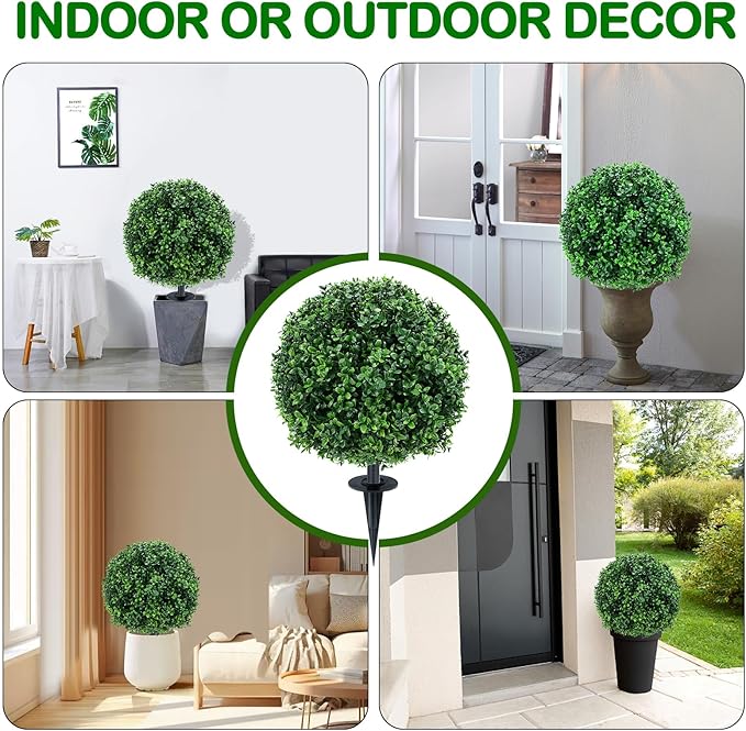 Artificial Boxwood Topiary Ball Trees with Ground Spikes UV Resistant Faux Greenery Shrubs Fake Shrubs for Outdoors, Realistic Faux Plants Bushes for Garden Porch Yard Patio Decor (Green Boxwood)