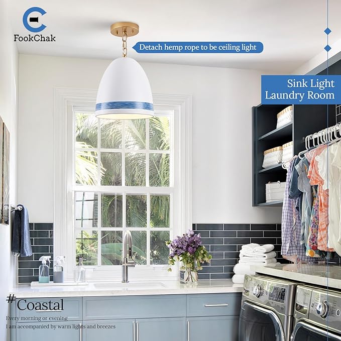 Coastal White Pendant Light Metal Dome Kitchen Island Pendant Lighting with Chain 10in Large Pendant Hanging Light Over Dining Table, Beach Ceiling Pendant Lights for Entryway Hallway