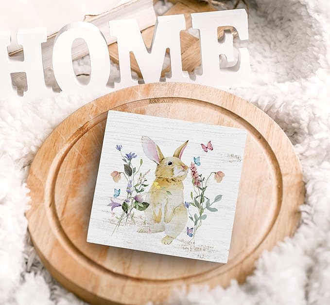 SRADMO Bunny Sign, Cute Bunny's Wood Box Sign Desk Decor, Easter Bunny Gifts for Kids, Easter Theme Wooden Block Box Sign Decoration for Home Office Shelf Table Decor