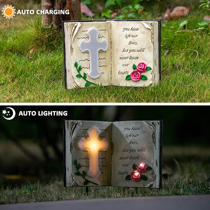 Outdoor Solar Bible Cross Garden Stakes Lights, Waterproof Memorial Grave Decorations Gifts for Cemetery Outdoors Lawn Yard Home Patio Decor