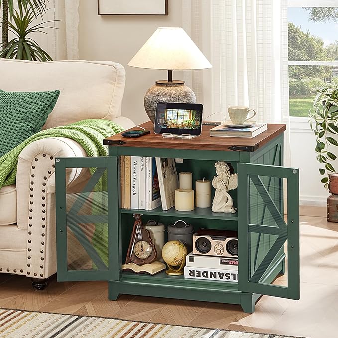 Farmhouse End Table with Charging Station, 24" Large Sofa Side Table with Glass Barn Door, Green Nightstand with Adjustable Storage Shelf, Wood Square Bedside Table for Living Room, Bedroom