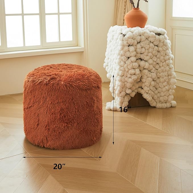 XeGe Fluffy Faux Fur Inflatable Pouf Ottoman, Soft Fuzzy Foot Stool, Plush Furry Foot Rest Floor Pouf Anti-Slip for Kids Girls Adult, Cute Foldable Round Ottoman Cushion Living Room, Burnt Orange