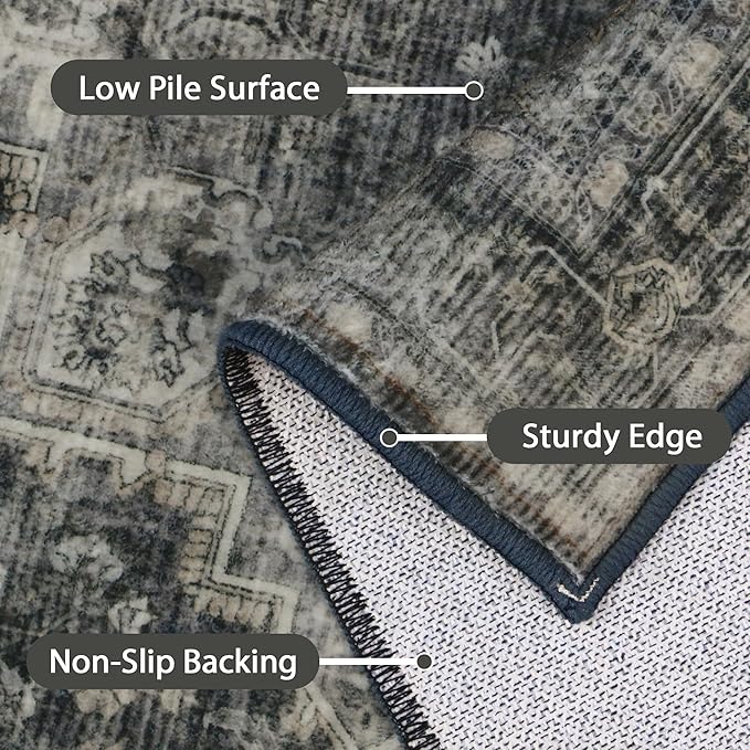 GENIMO 2x5 Runner Rugs for Hallway, Machine Washable Non Slip Vintage Rugs, Low Pile Lightweight Soft Print Rug for enrtyway, Corridor, Home Office, Kitchen, Charcoal Gray