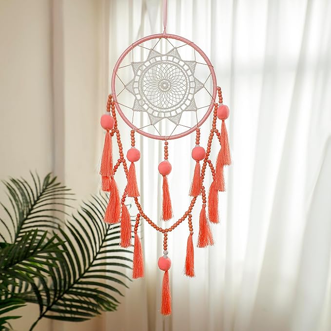 Pink Dream Catcher Wall Decor with Pompoms Macrame Large Dreamcatcher, Handmade Tassels Hanging Ornament Boho Room Decor for Girls Bedroom Living Room